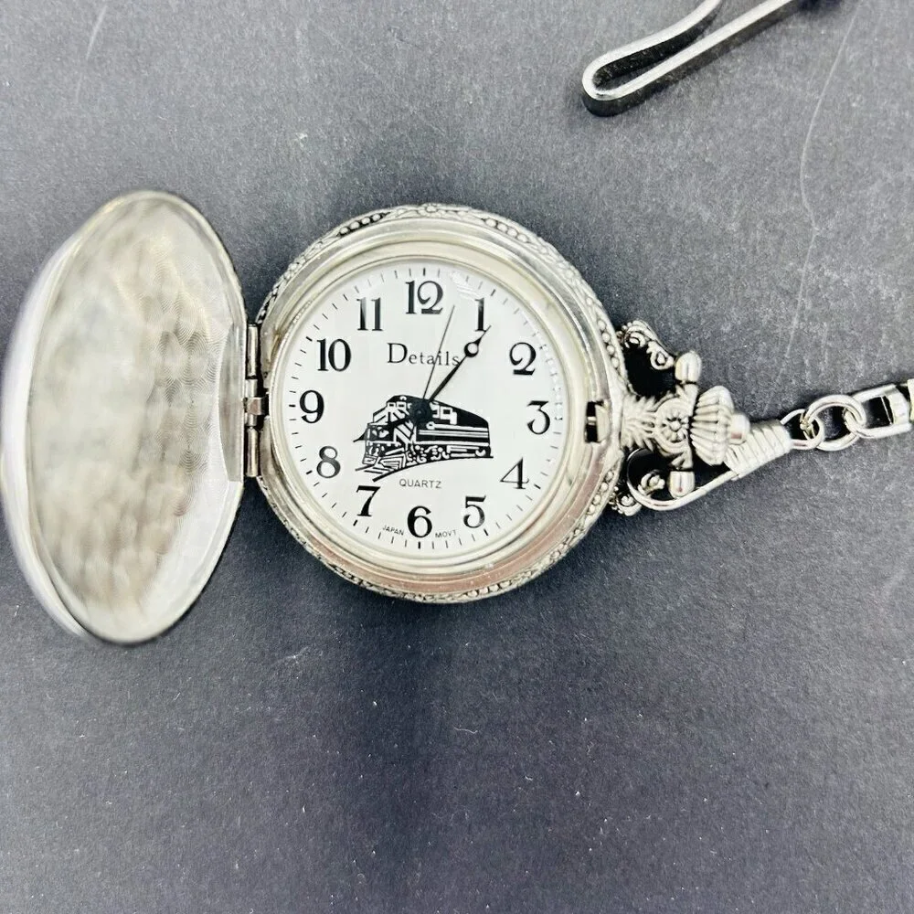 Details Pocket Watch Train Locomotive Quartz Japan Movement Chain Needs Battery